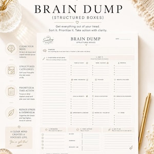 Puede incluir: Un planificador Brain Dump beige y blanco con cuadros estructurados, diseñado para la claridad y el enfoque. El planificador incluye secciones para tareas, metas y notas, con el texto "Sunday Systems" en la parte superior. Tamaño US Letter, 21,6 x 27,9 cm.