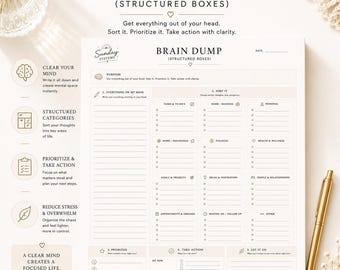 Plantilla imprimible para lluvia de ideas, hoja de trabajo con cuadros estructurados, página de planificación para la claridad mental, descarga en PDF de 8.5x11 pulgadas.