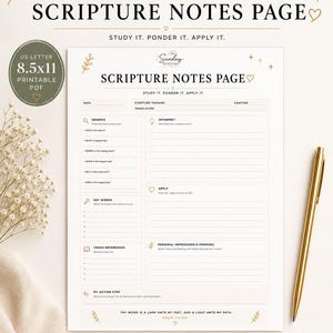 May include: A printable 21.6 x 27.9 cm scripture notes page featuring sections for date, passage, chapter, translation, observe, interpret, apply, key words, cross references, personal impressions, and action steps with gold accents.