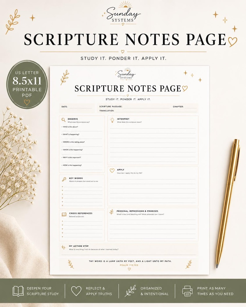May include: A printable 21.6 x 27.9 cm scripture notes page featuring sections for date, passage, chapter, translation, observe, interpret, apply, key words, cross references, personal impressions, and action steps with gold accents.
