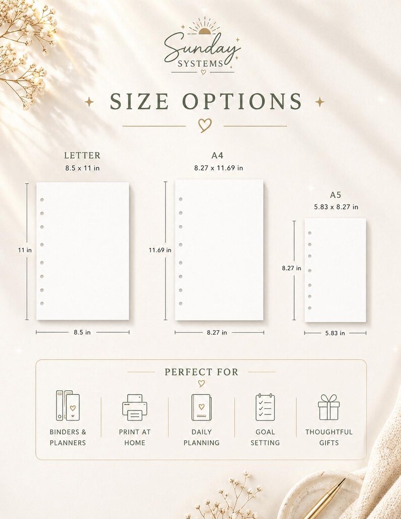 May include: Sunday Systems size options chart displaying three white paper sheets with punched holes. Sizes include Letter 8.5 x 11 inches, A4 8.27 x 11.69 inches, and A5 5.83 x 8.27 inches. Icons represent binders, home printing, planning, and gifts.