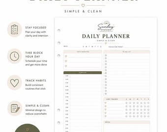 Daily Planner Printable with Habit Tracker, Time Blocking Schedule, 8.5x11 Minimalist PDF