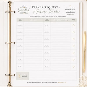 May include: A white prayer request and answer tracker page in a three-ring binder. The header reads Sunday Systems Prayer Request + Answer Tracker with Jeremiah 33:3. Columns include date added, prayer request, date answered, answer, and praise him.