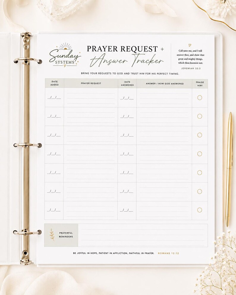 May include: A white prayer request and answer tracker page in a three-ring binder. The header reads Sunday Systems Prayer Request + Answer Tracker with Jeremiah 33:3. Columns include date added, prayer request, date answered, answer, and praise him.