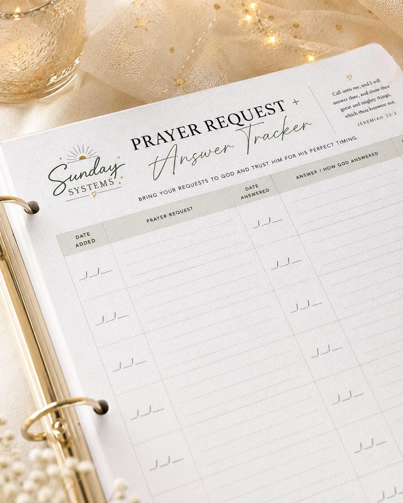 May include: A white paper prayer request and answer tracker sheet with black text and gold accents. The header reads Sunday Systems Prayer Request + Answer Tracker. It includes columns for date added, prayer request, date answered, and answer.