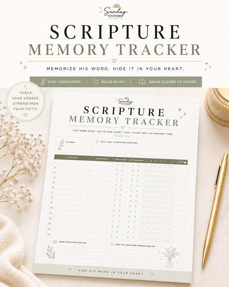 K&ouml;nnte beinhalten: Ein Schriftstellen-Ged&auml;chtnis-Tracker auf wei&szlig;em Papier mit olivgr&uuml;nen Akzenten. Die &Uuml;berschrift lautet SCRIPTURE MEMORY TRACKER und enth&auml;lt den Vers Psalm 119:11. Das Formular bietet Spalten f&uuml;r Schriftstellen, Referenzen und Datumsangaben.