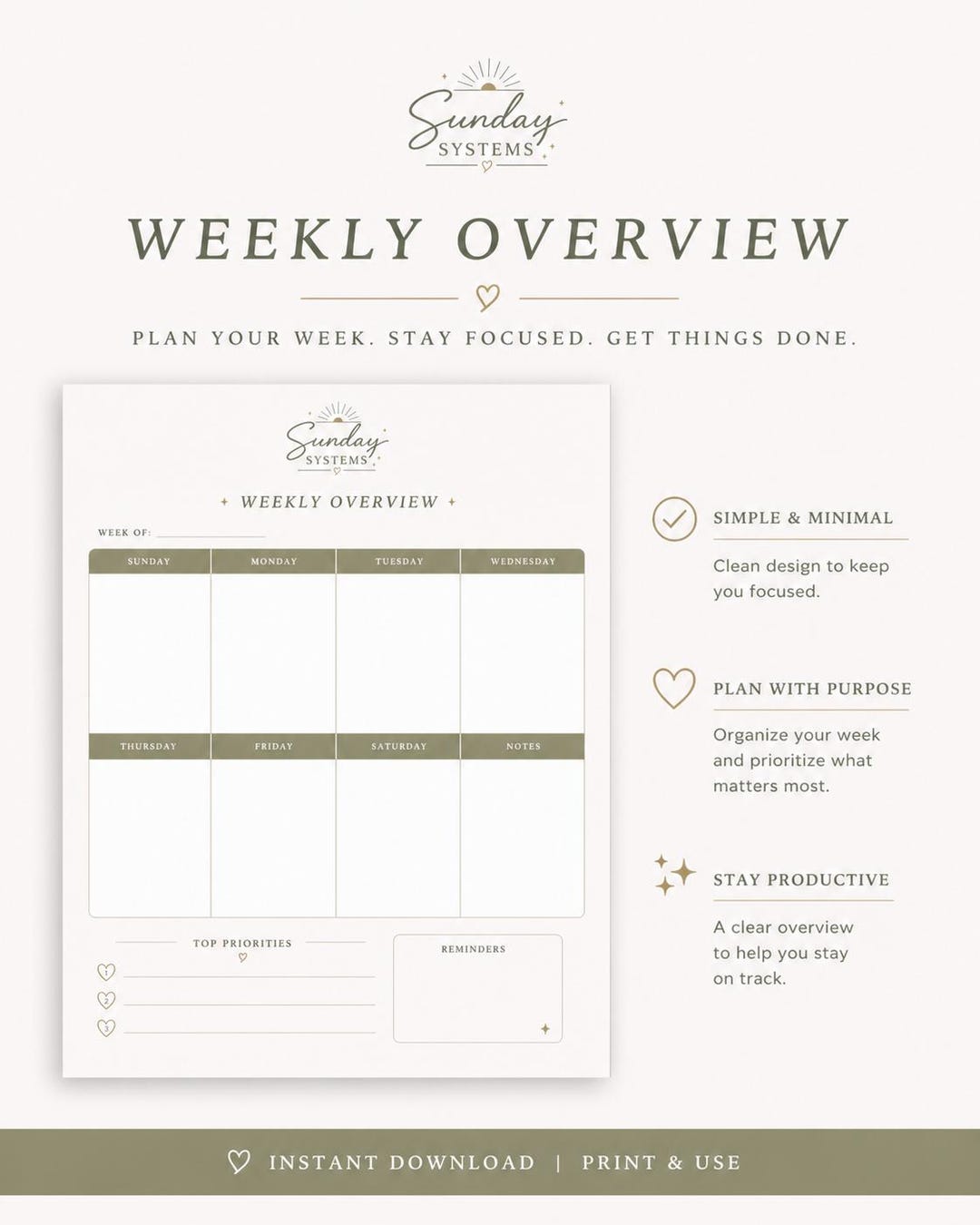 Weekly Overview Planner Printable, Week at Glance Organizer, 8.5x11 PDF ...