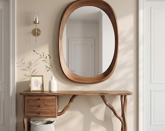 Irregular Wooden Wall Mirror, Modern Organic Handmade Mirror, Rustic Home Decor