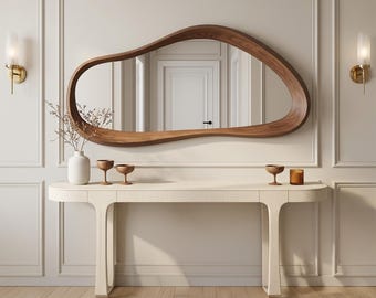 Handmade Oak Wood Mirror, Asymmetrical Walnut Wall Mirror, Boho Chic Home Decor