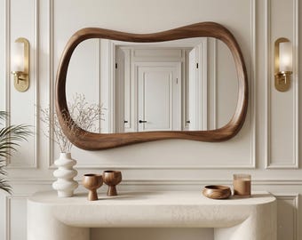 Handmade Wooden Wall Mirror, Asymmetrical Large Mirror for Living Room, Scandinavian Home Decor