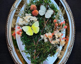 May include: An oval silver-toned tray featuring a decorative arrangement of green moss, dried white hydrangea flowers, small pink globe amaranth blossoms, and two butterflies, one white and one pale yellow, resting on thin brown twigs.