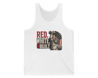 Camiseta sin mangas con la Estatua de la Libertad construida en rojo y blanco con la bandera / Camiseta sin mangas patriótica para hacer ejercicio