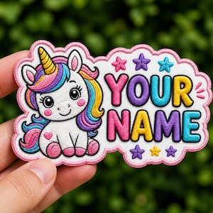 Puede incluir: Parche bordado colorido con un unicornio de dibujos animados, melena y cuerno de arcoíris. El parche tiene el texto "YOUR NAME" en colores vibrantes, rodeado de estrellas y un borde rosa. El parche se sostiene en una mano.