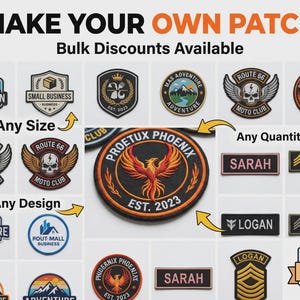 Op de afbeelding: Een assortiment geborduurde patches met diverse ontwerpen, waaronder berg-, schedel- en feniksmotieven. De tekst "MAKE YOUR OWN PATCH" en "Bulk Discounts Available" is te zien. Patches zijn verkrijgbaar in elke maat, ontwerp en hoeveelheid.