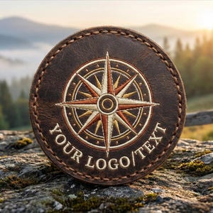 Peut inclure: Un écusson circulaire en cuir marron foncé avec une bordure cousue et une rose des vents brodée dans des tons dorés, crème et marron. Le texte "YOUR LOGO/TEXT" est brodé en couleur crème claire le long du bord inférieur.