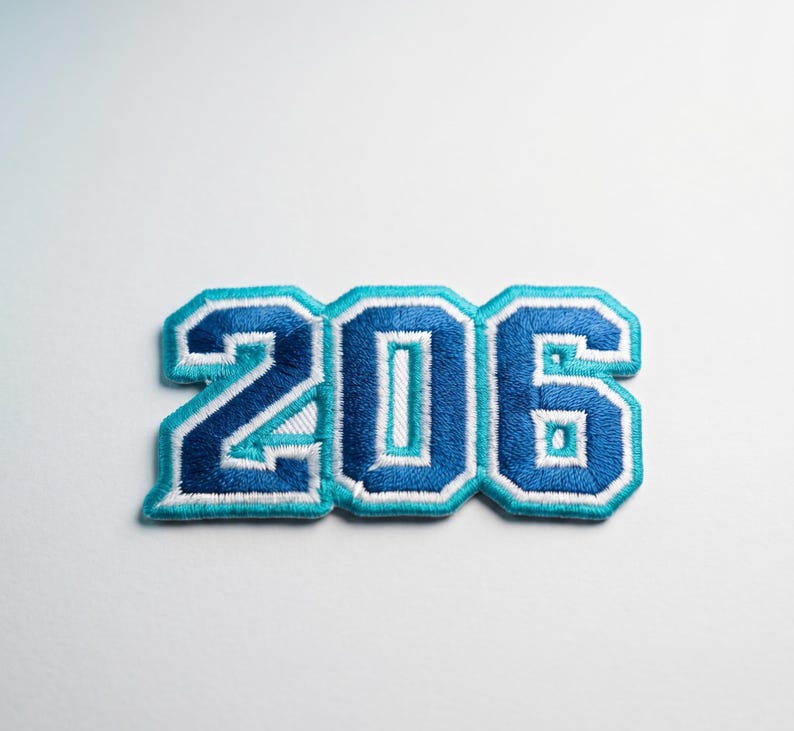 May include: Embroidered patch featuring the number "206" in a bold, collegiate style. The numbers are dark blue with a light blue outline and white stitching, creating a layered effect. The patch is likely for a jacket or bag.