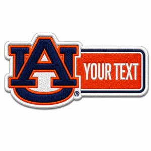May include: An embroidered patch featuring the navy blue and orange Auburn University logo on the left, with a rectangular orange section on the right containing the white text YOUR TEXT, all outlined in white and navy blue borders.