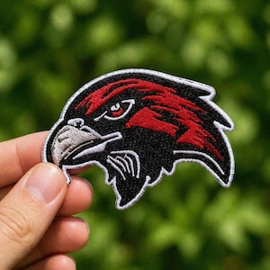May include: Embroidered patch featuring a stylized eagle head in black and red with a white border. The eagle's eye is detailed, and the patch is held against a blurred green background.