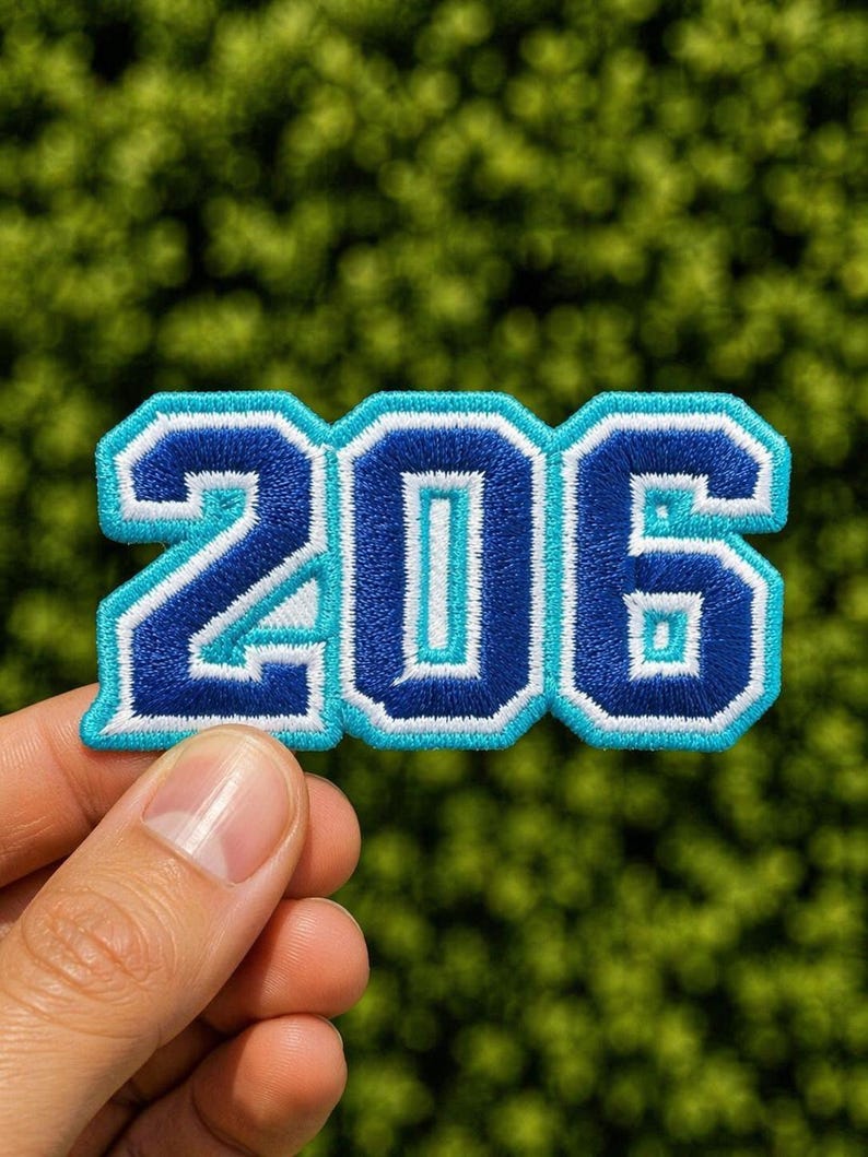 206 number patch with varsity style blue design, embroidered iron-on patch for jackets, hoodies, hats, and bags. Streetwear patch.
