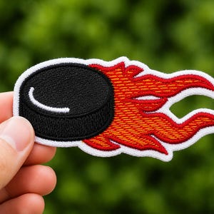 Hockey Puck Flame Embroidered Iron On Sew On Patch