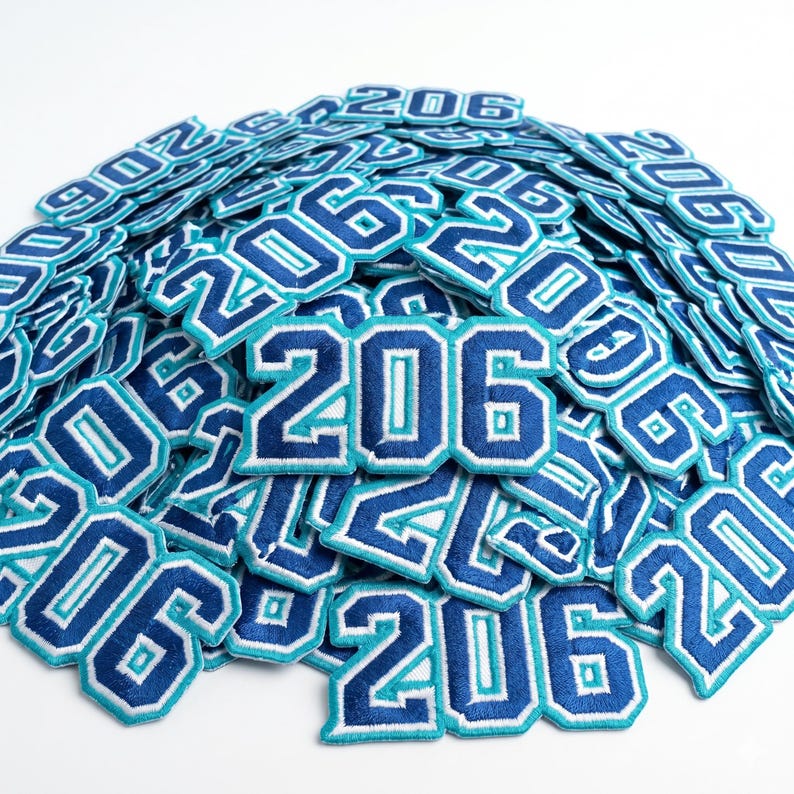 206 embroidered patch featuring bold varsity-style numbers with blue and teal outline design. High-quality stitched number patch inspired by streetwear and urban fashion