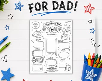 May include: A printable activity sheet titled All About My Dad with an aviation theme. The black and white page features prompts for children to fill in, including a pilot hat, airplane, boarding pass, and a central frame for a photo or drawing.