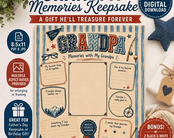 May include: A digital keepsake print with the words "GRANDPA Memories Keepsake" in red, white, and blue. The print includes spaces to write memories, and the text "A Gift He'll Treasure Forever". Includes bonus coloring pages.