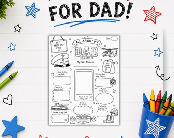 May include: A printable activity sheet titled All About My Dad with U.S. Army themes including a tank, helicopter, and dog tags. The page features blank spaces for writing, a box for a photo, and decorative stars and hearts. Text includes Kid-Made FOR DAD!