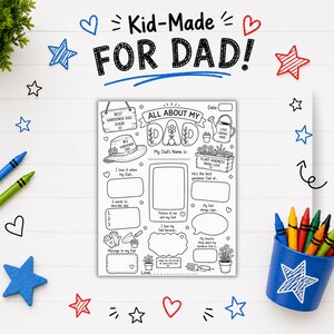 Op de afbeelding: Een zwart-wit printbaar activiteitenblad getiteld All About My Dad met illustraties in tuinthema, waaronder een hoed, gieter en plantenbak. De pagina bevat lege ruimtes voor het invullen van tekst en het maken van tekeningen voor een vader.