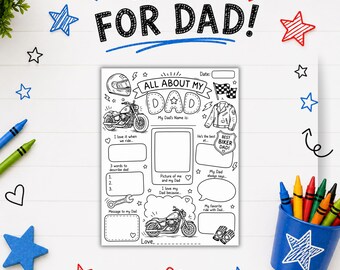 May include: A printable activity sheet titled ALL ABOUT MY DAD with motorcycle-themed graphics including a helmet, jacket, wrench, and motorcycles. The page features fill-in-the-blank sections for a child to write about their father, surrounded by crayons.