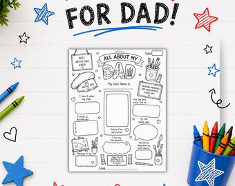 May include: A black and white printable activity sheet titled All About My Dad with sections for writing and drawing. The page features illustrations of art supplies, a beret, and a frame for a photo. The text Kid-Made FOR DAD appears above.