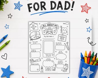 May include: A printable activity sheet titled All About My Dentist Dad with fill-in-the-blank sections, dental-themed illustrations, and a central frame for a photo. The page is surrounded by blue and red star and heart icons and crayons.