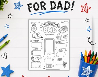 May include: A black and white printable activity sheet titled All About My Dad with prompts for children to fill in, featuring illustrations of running shoes, a medal, a cap, and a water bottle, surrounded by red and blue star and heart doodles.