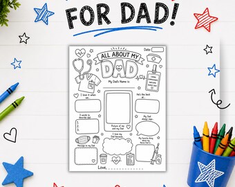 May include: A black and white printable activity sheet titled All About My Dad with a nurse theme. The page features fill-in-the-blank sections, a space for a photo, and illustrations of a stethoscope, scrubs, a syringe, and a medical ID badge.