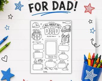 May include: A black and white printable activity sheet titled All About My Dad with construction-themed illustrations including a hard hat, tool belt, and cement mixer. The page features fill-in-the-blank sections for children to write messages.