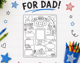 May include: A black and white printable activity sheet titled All About My Dad with fishing-themed illustrations including a boat, fish, and tackle box. The page features blank spaces for writing, drawing, and a photo, surrounded by colorful crayons.