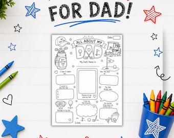 May include: A black and white printable activity sheet titled All About My Dad with golf-themed illustrations including a golf bag, cart, and trophy. The page features blank spaces for writing, drawing, and a photo, surrounded by red and blue stars.