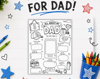 May include: A black and white printable activity sheet titled All About My Dad with fill-in-the-blank sections, a central photo frame, and illustrations of a baseball cap, trophy, mug, toolbox, and dumbbell, surrounded by colorful crayons and stars.
