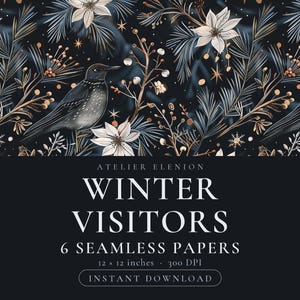 Może przedstawiać: Cyfrowy wzór z czarnymi ptakami, białymi gwiazdami betlejemskimi, gałązkami sosny i złotymi gwiazdkami na ciemnym tle. Tekst: ATELIER ELENION WINTER VISITORS 6 SEAMLESS PAPERS 30,48 x 30,48 cm 300 DPI INSTANT DOWNLOAD.