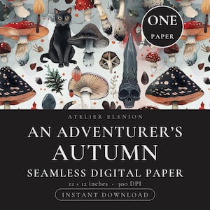 An Adventurer's Autumn Seamless Digital Paper, Fall Mushroom and Black Cat Pattern, 12x12 inch
