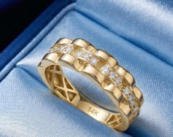 14K Solid Gold Scalloped Ring, Pave CZ Channel Band, Chunky Wave Statement Ring, Vintage Style Crown Jewelry, Anniversary Gift for Her