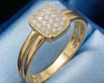 Anillo de oro macizo de 14 quilates con pavé y diseño de racimo, banda llamativa con circonitas cúbicas en forma de cojín, anillo grueso de doble banda, joyería de banda dividida, regalo de aniversario para ella.