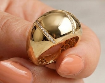14K Solid Gold Dome Ring, Chunky Statement Ring, Pave CZ Diamond Wide Band, Thick Vintage Style Jewelry, Luxury Gift for Her Wife Women