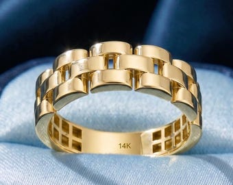 14K Solid Gold Watch Link Ring, Presidential Style Band, Interlocking Chain Ring, Chunky Statement Jewelry, Luxury Gift for Men and Women
