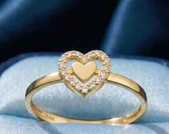 14K Solid Gold Double Heart Ring, Dainty CZ Diamond Love Band, Romantic Promise Jewelry, Minimalist Anniversary Gift for Her Wife Women