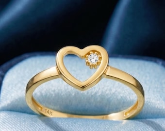 14K Solid Gold Open Heart Ring, Dainty Single Stone Love Band, CZ Solitaire Promise Ring, Minimalist Romantic Jewelry Gift for Her Women