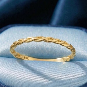 14K Solid Gold Braided Ring, 1.65mm Thin Twisted Rope Band, Dainty Stackable Wedding Ring, Minimalist Handmade Everyday Jewelry for Women