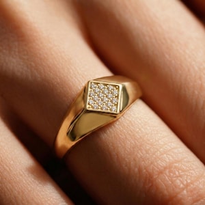 14K Solid Gold Diamond Shape Signet Ring, Pave CZ Rhombus Pinky Ring, Geometric Statement Band, Luxury Everyday Gift for Him Husband Women image 11