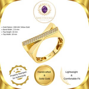 May include: A gold ring with a unique, geometric design. The ring features a band width of 2.5 mm, a top height of 10 mm, and a top width of 18 mm. The ring is adorned with small, sparkling stones. The text "14K" is visible on the ring.
