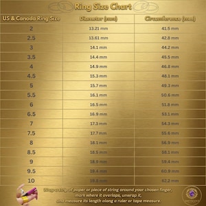May include: A gold-toned ring size chart with US and Canada ring sizes, diameter in millimeters, and circumference in millimeters. Includes instructions on how to measure a finger for ring size. The chart ranges from size 2 to 10.